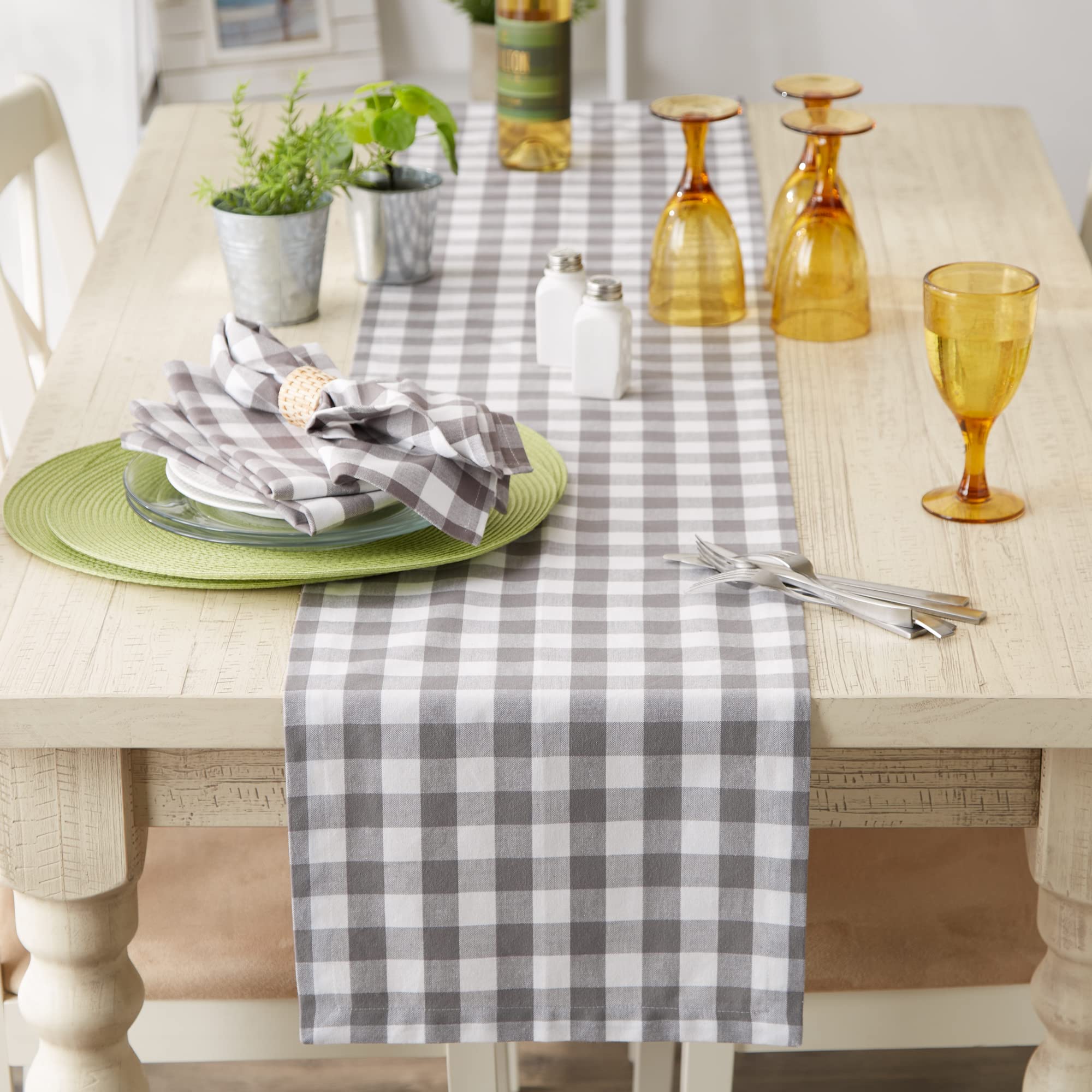 DII Checkered Tabletop Collection 100% Cotton, Machine Washable, Table Runner, 14x72, Gray